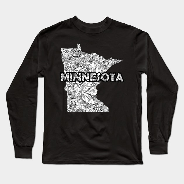 Mandala art map of Minnesota with text in white Long Sleeve T-Shirt by Happy Citizen